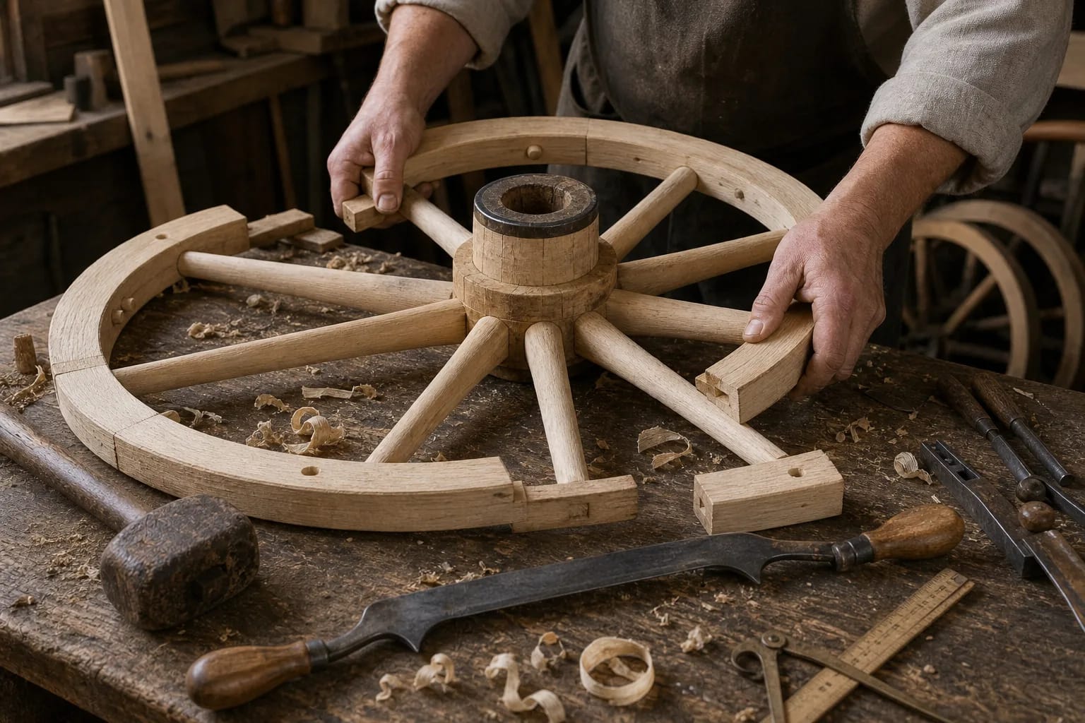 A wheelwright assembles the hub, spokes, and rim sections.