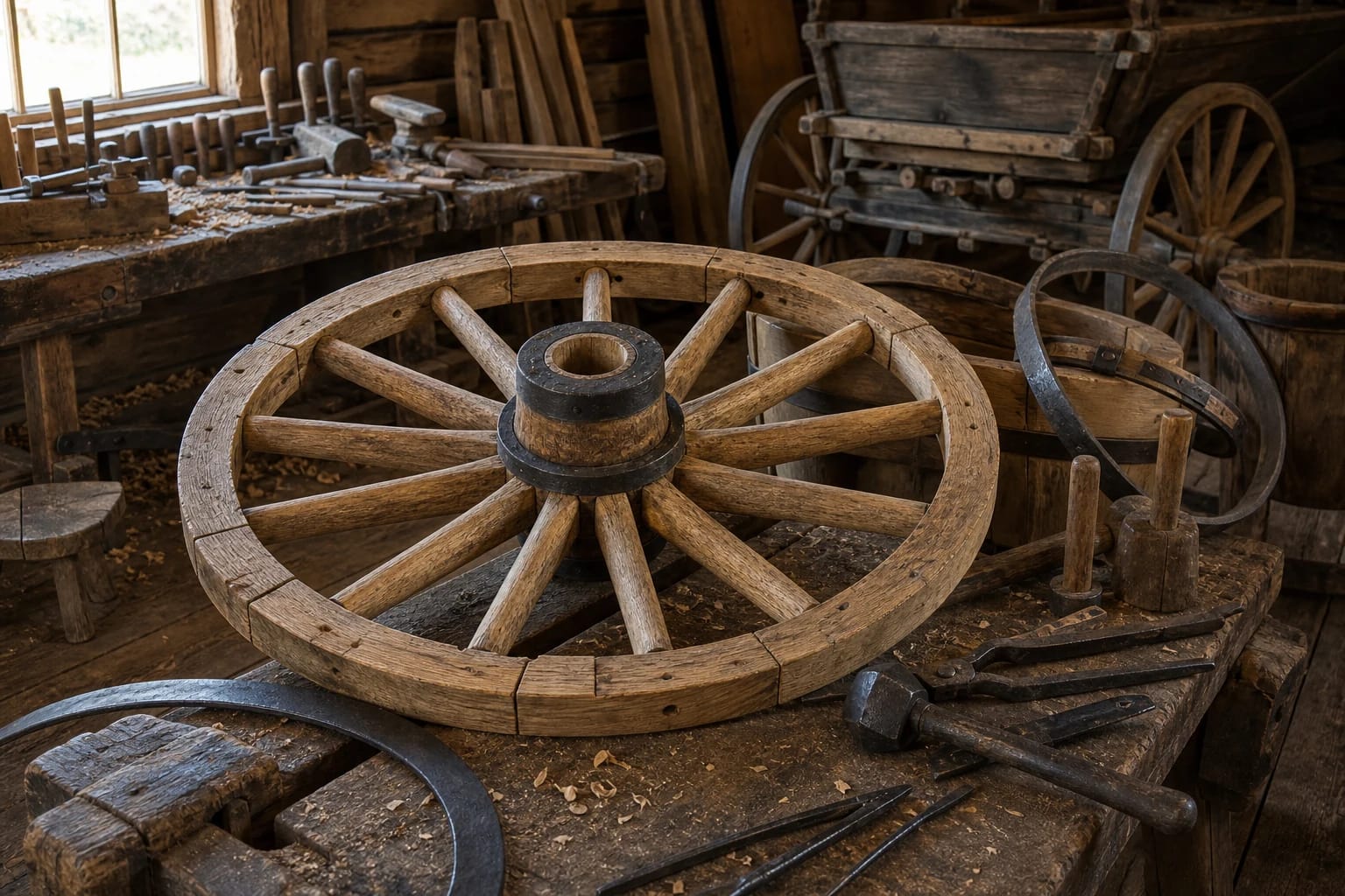 A wheelwright's workshop with a wooden cart wheel, hub, spokes, felloe, and tools for iron banding