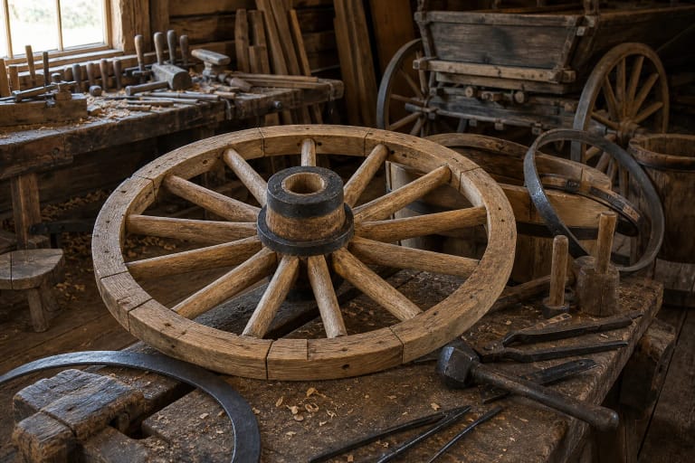 A wheelwright's workshop with a wooden cart wheel, hub, spokes, felloe, and tools for iron banding