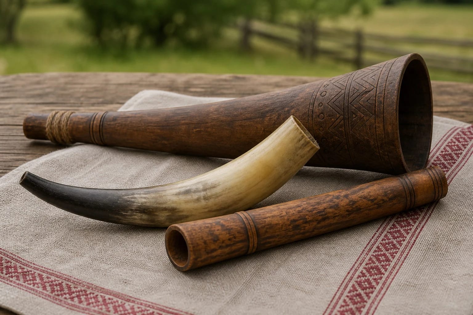 Lithuanian wooden ragai on a wooden table as signal wind instruments