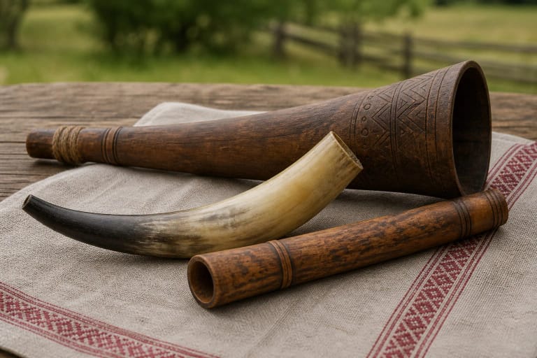 Lithuanian wooden ragai on a wooden table as signal wind instruments