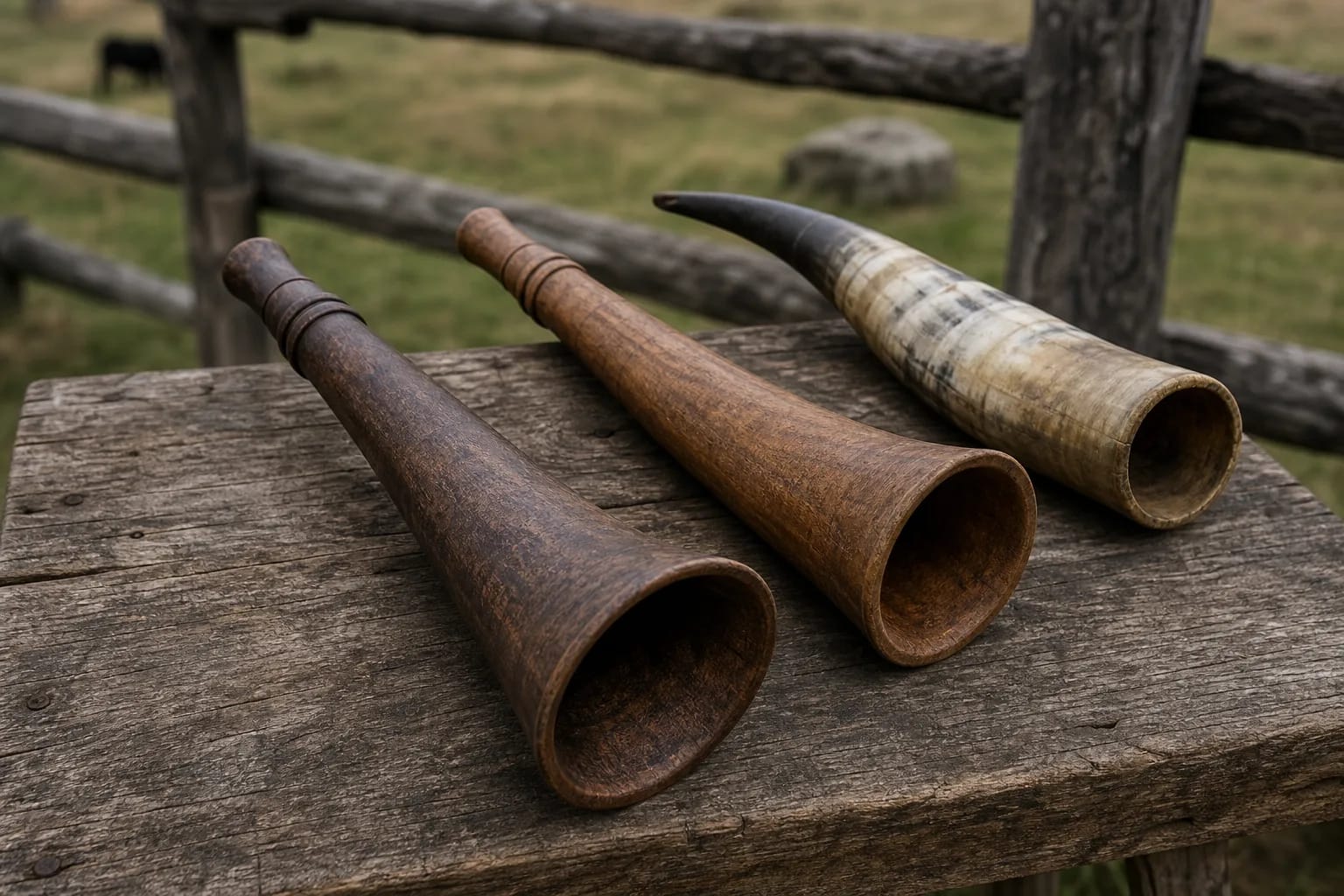 A pair of wooden ragai with visible mouthpieces and bells
