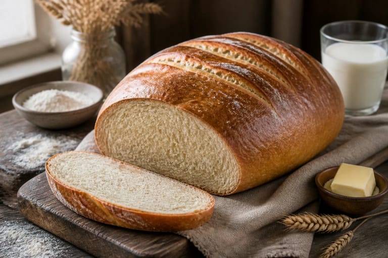 Lithuanian ragaišis on a linen tablecloth with a slice, butter, milk, and wheat flour