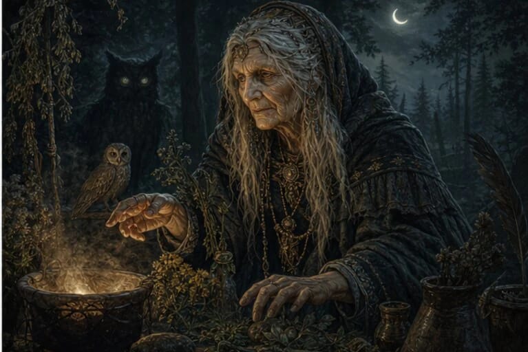 Ragana in Lithuanian mythology in a forest with herbs, moonlight, and symbols of transformation