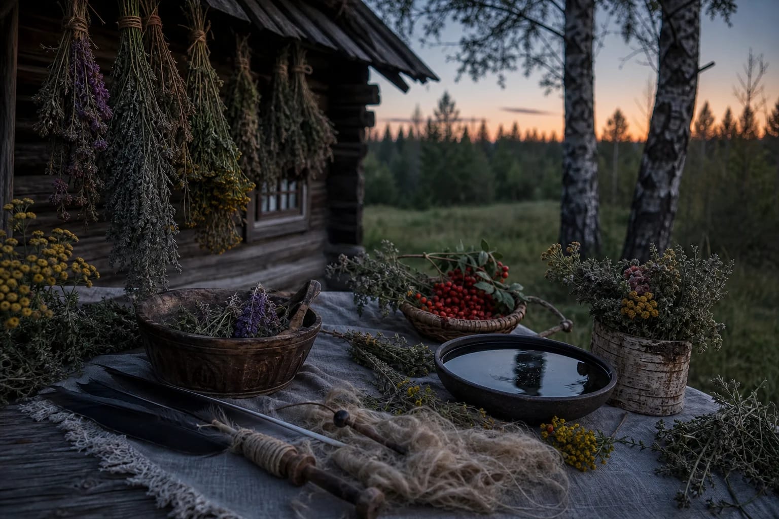 Herbs, water bowl, and forest-edge objects for Ragana