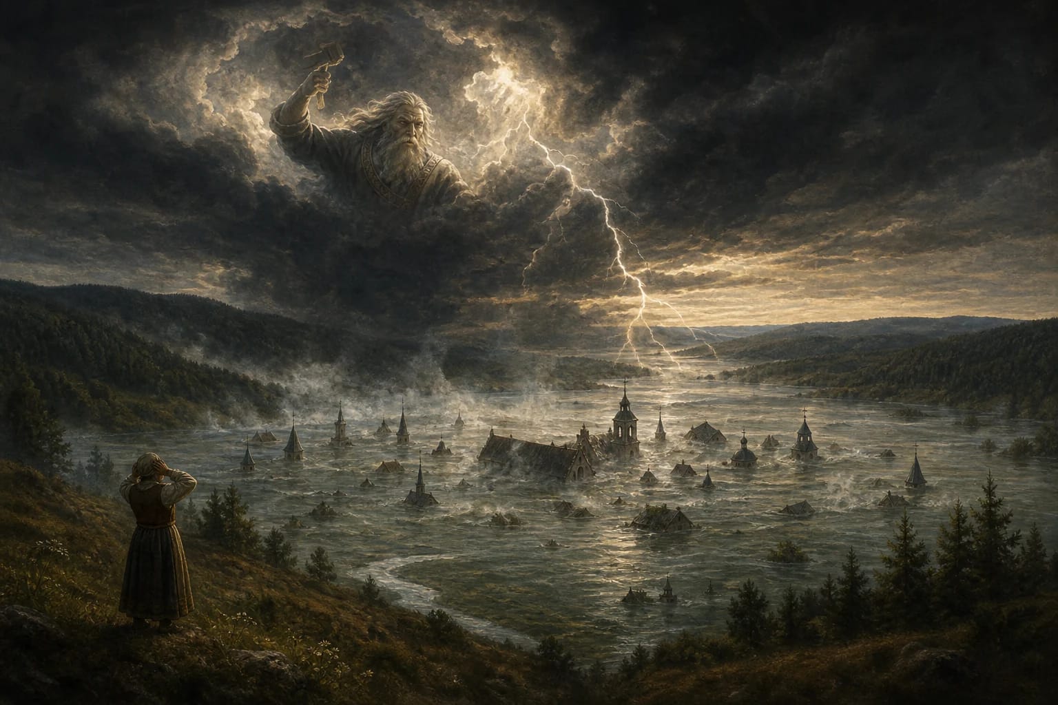 Legend of Raigardas Valley visual interpretation with sunken city, Perkūnas, bells motifs