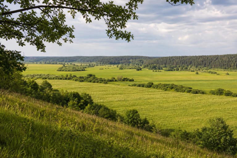 Raigardo slėnio panorama su plačiomis pievomis, laukų juostomis ir tolima miško linija prie Švendubrės