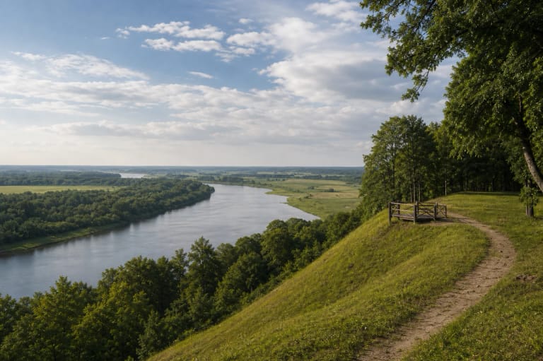 Rambyno kalno apžvalgos vieta virš Nemuno žemupio slėnio ir žalių pievų