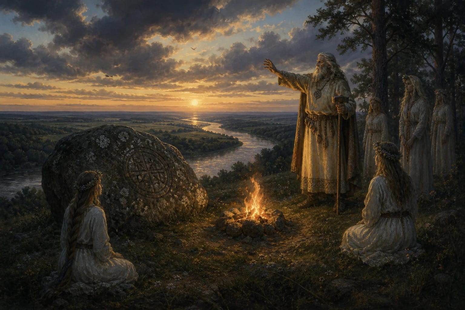 Legend of Rambynas Hill visual interpretation with laumės, Perkūnas, sacred fire motifs