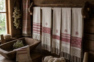Lithuanian linen towels with patterned ends hanging on a wooden towel rack
