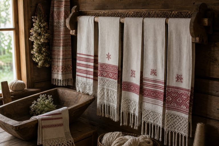 Lithuanian linen towels with patterned ends hanging on a wooden towel rack