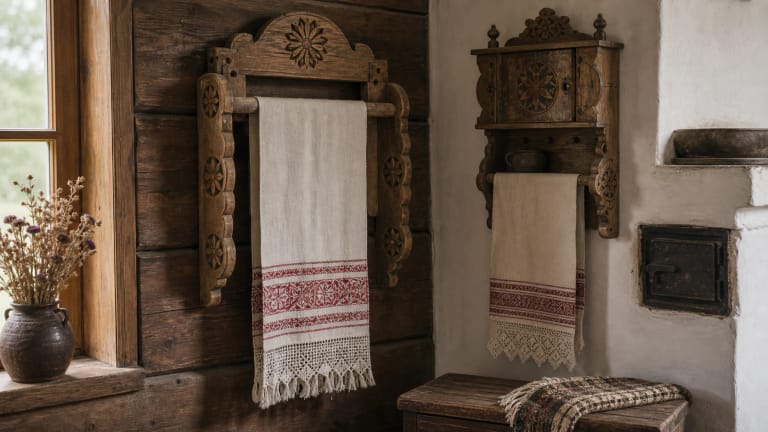 A Lithuanian wooden towel rack with a roller, carved side boards, and a woven towel in a rural room