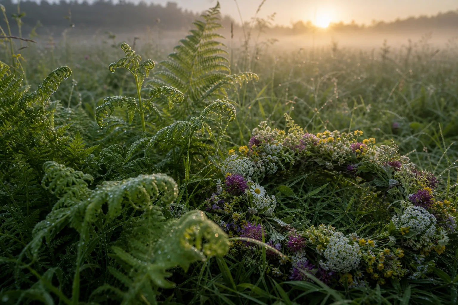 Dew on fern fronds and a wildflower wreath in a Joninės morning meadow.