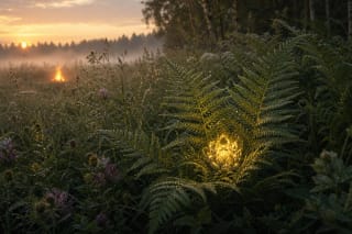 Dewdrops and a mysterious fern flower in a forest clearing as a Joninės symbol