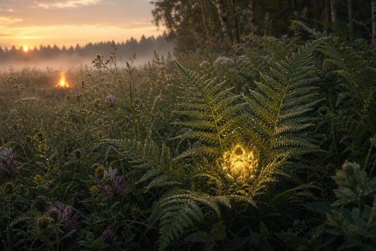 Dewdrops and a mysterious fern flower in a forest clearing as a Joninės symbol