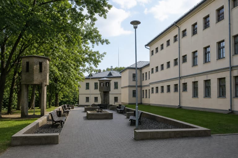 Raseinių krašto istorijos muziejaus kiemas su šviesiais buvusio kalėjimo korpusais, suolais ir sargybos bokšteliais