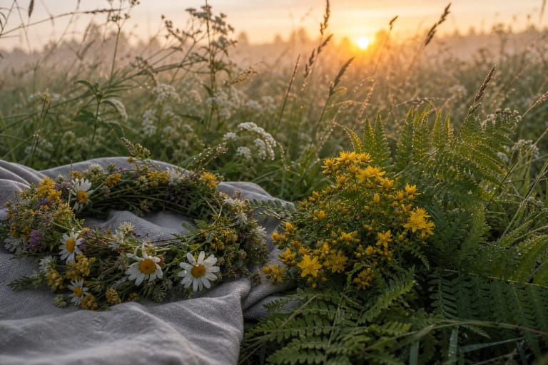 Rasos morning in a meadow with dew-covered herbs, ferns, and a wreath