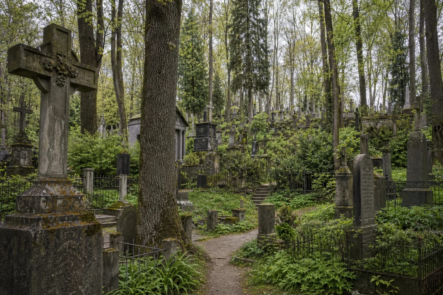 Path in Rasos Cemetery with old gravestones, trees, and the hilly Vilnius cemetery landscape