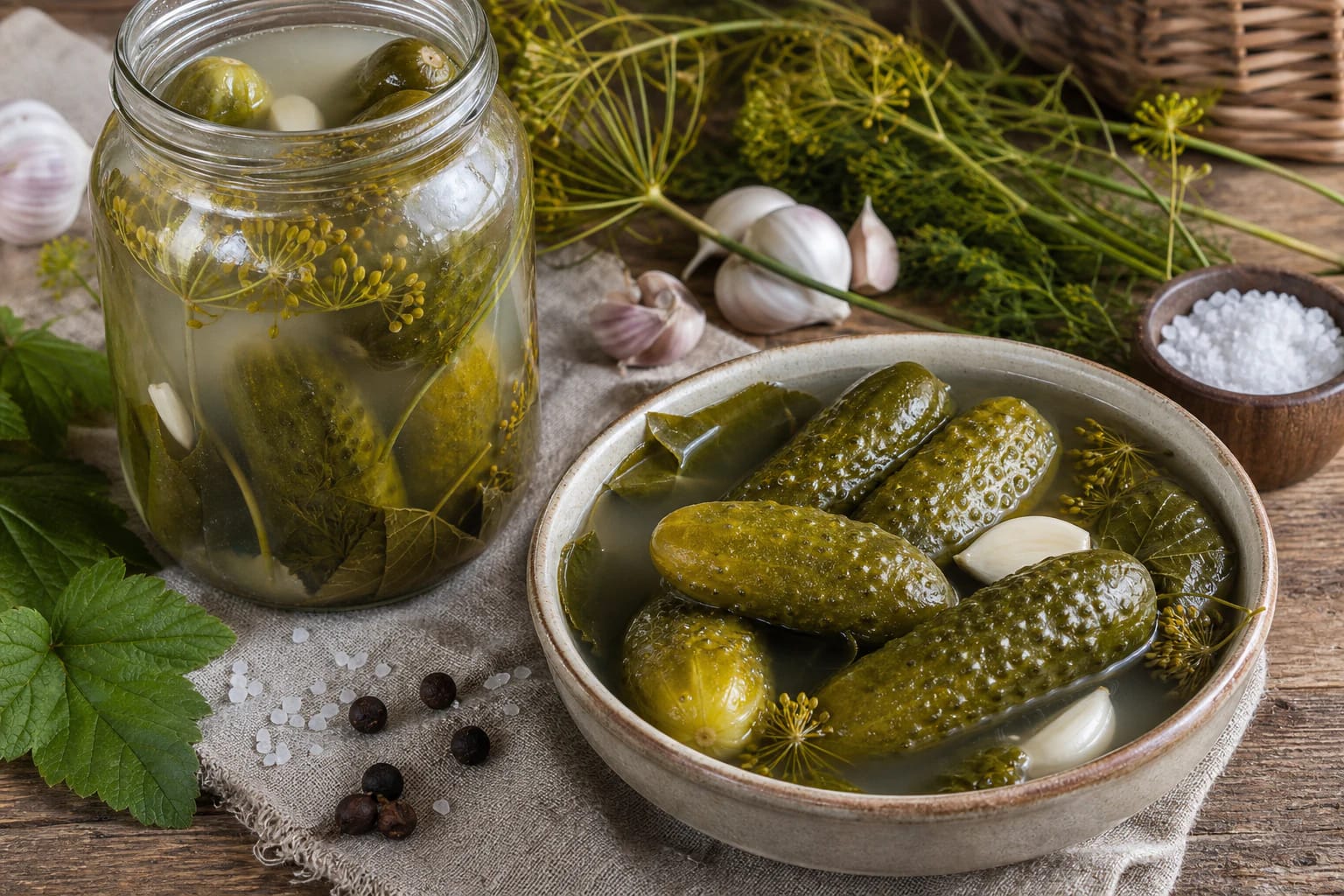 Jars of fermented cucumbers with dill umbels, garlic, horseradish leaves, and brine