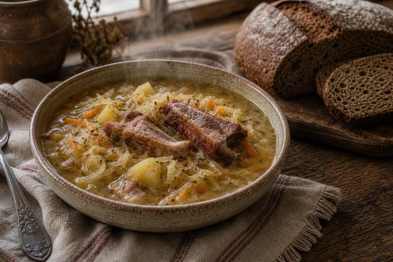Lithuanian sauerkraut soup in a bowl with potatoes, smoked meat, carrots, and rye bread