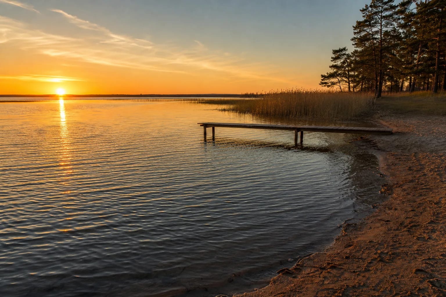 Golden sunset over broad Lake Rėkyva with a sandy shore, wooden pier, reeds, and silhouettes of pines