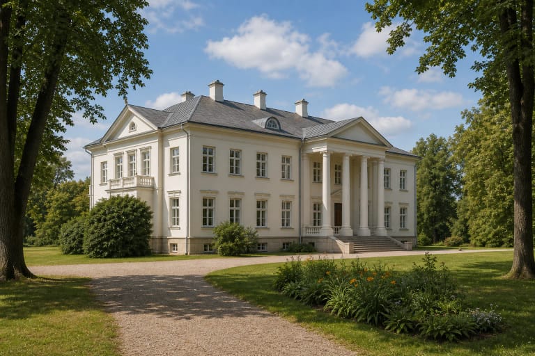 Restored light-coloured Classicist Renavas Manor palace with a portico and historic green park