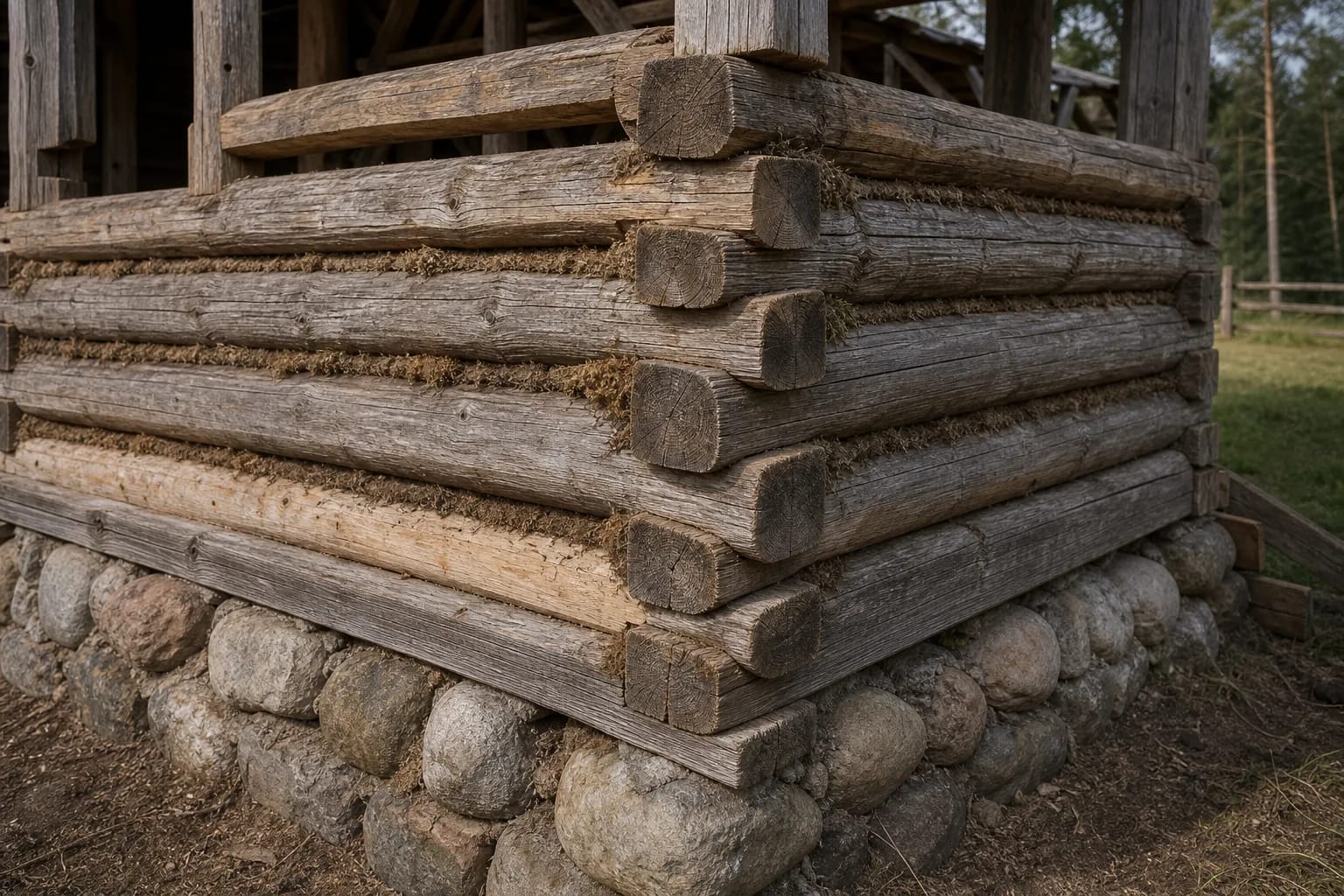 Corner notches show how logs were joined into a solid wall.