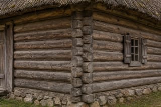 A rentininė log wall with wall logs, horizontal courses, corner joints, notches, and moss-filled gaps