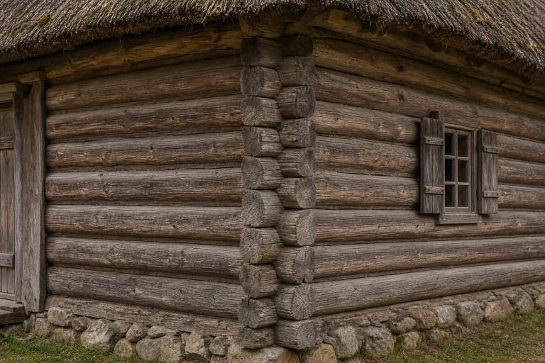A rentininė log wall with wall logs, horizontal courses, corner joints, notches, and moss-filled gaps
