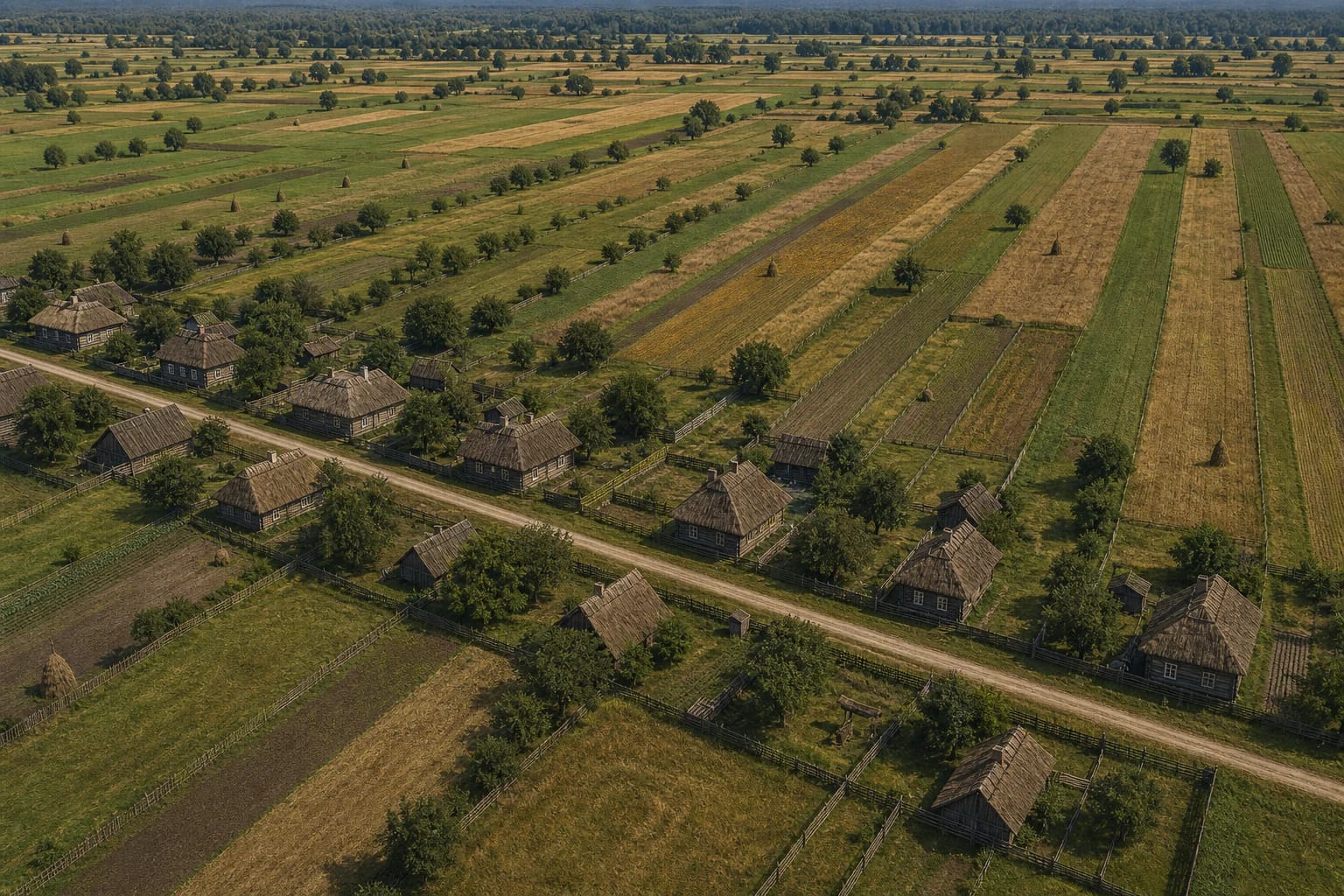 Plan of a rėžinis village with homesteads along a street and long narrow land strips behind them