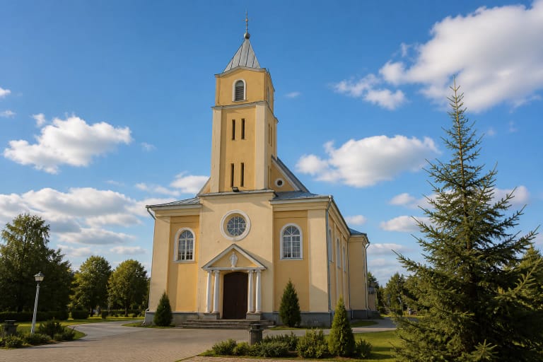 Šviesiai gelsva Riešės Šv. Vyskupo Stanislovo bažnyčia su centriniu bokštu ir keturių kolonų portiku