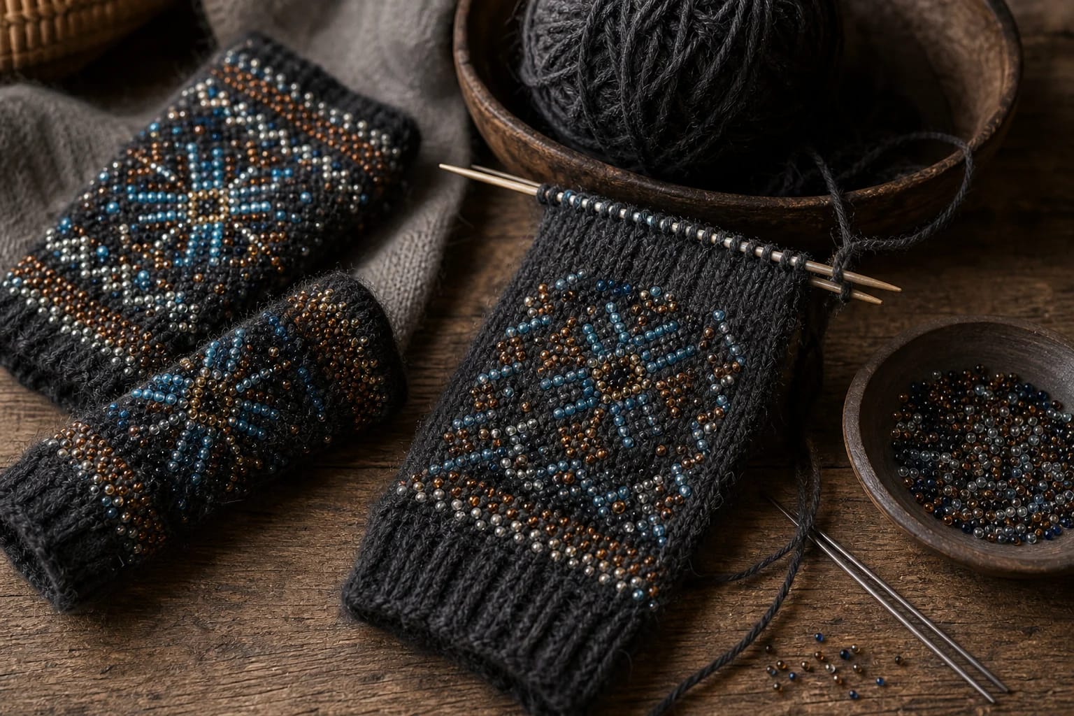Wrist Warmers visual detail with tools and materials typical of the craft