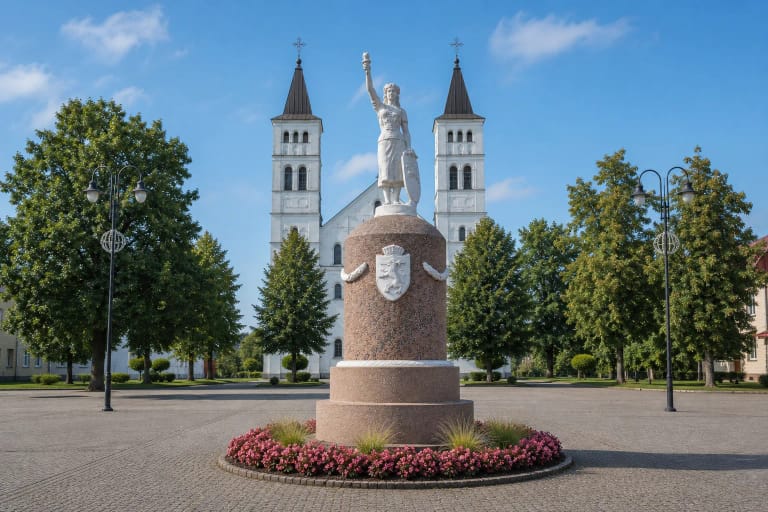 Rietavo Laisvės paminklas su deglo skulptūra grįstoje aikštėje priešais baltą Šv. arkangelo Mykolo bažnyčią