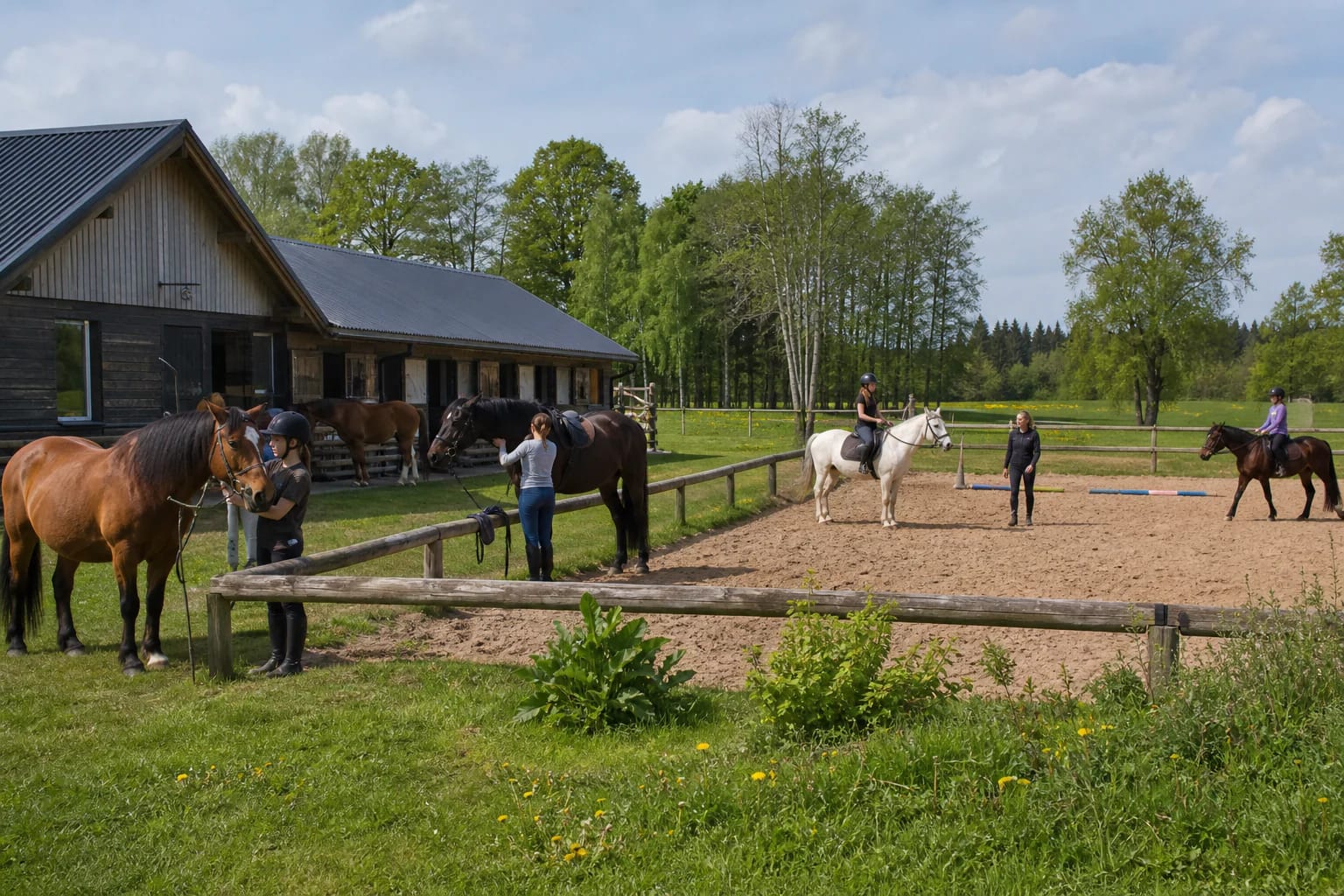 Horses in a paddock beside the wooden Rietavas Equestrian Centre in a green Žemaitija meadow