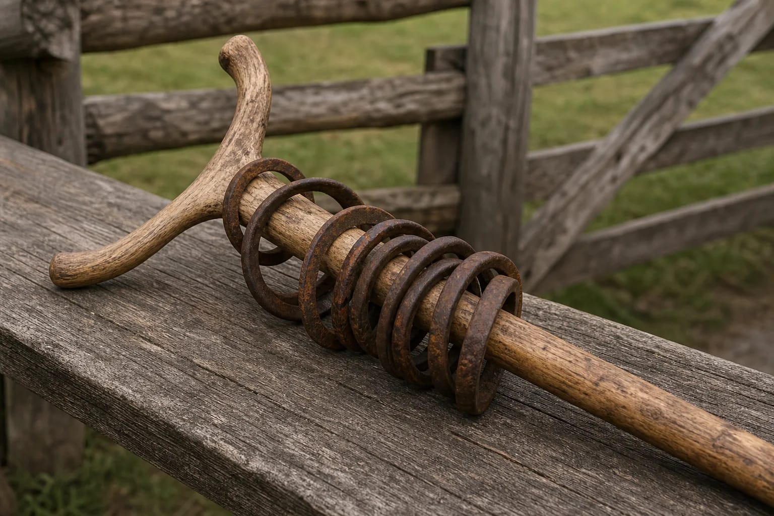 A rinkinė staff threaded with metal rings