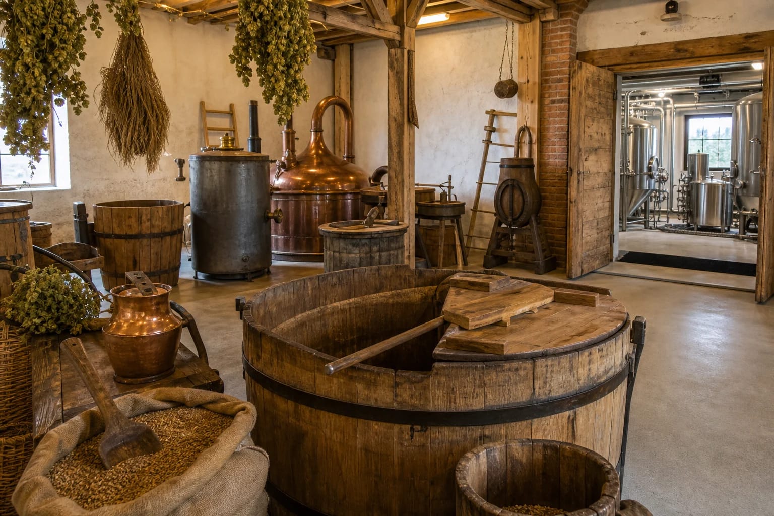 Old wooden beer tubs in the Rinkuškiai Brewery beer museum in Biržai