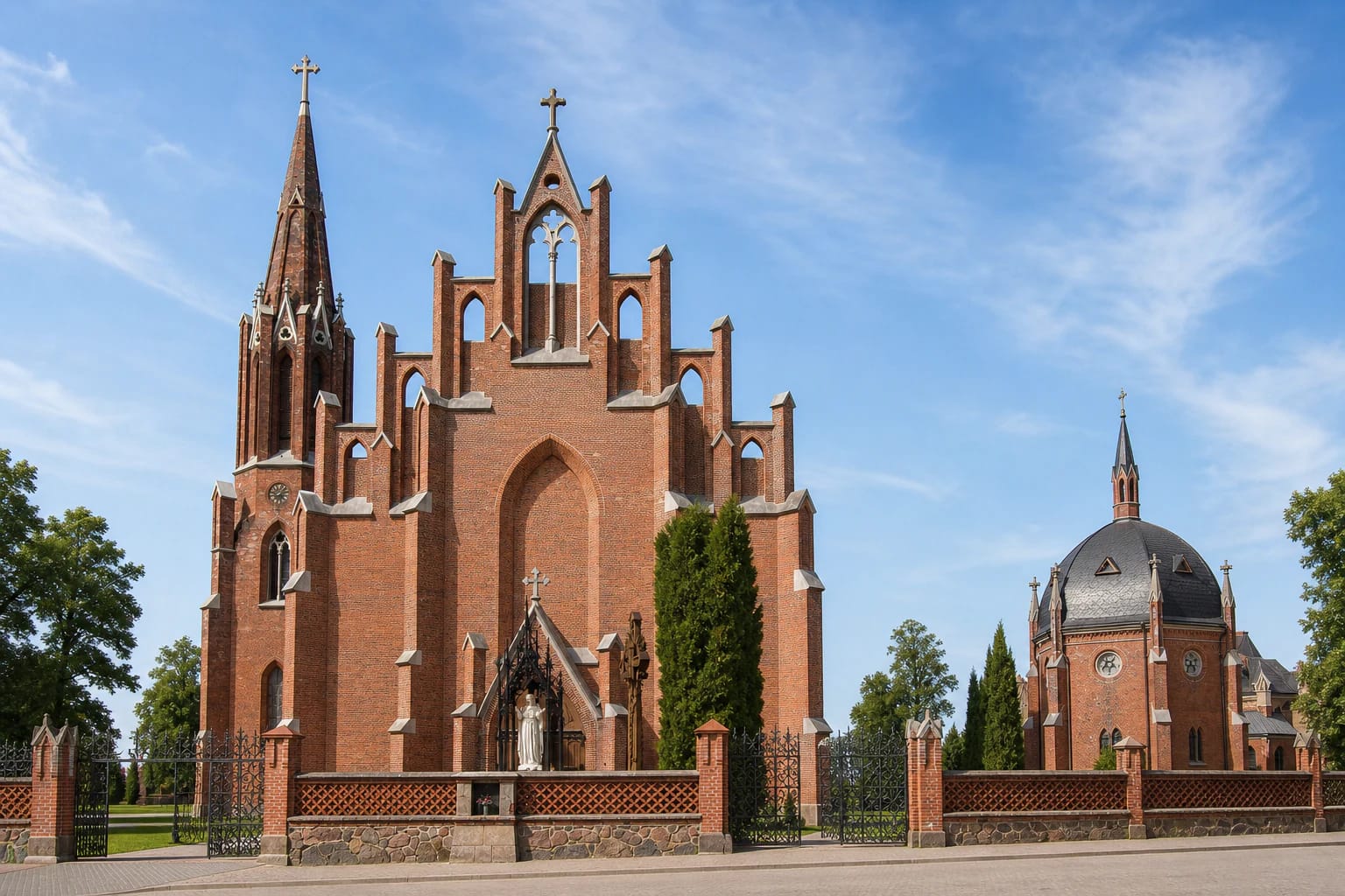 Stepped red-brick façade, tall side bell tower, and St Joseph's Chapel at the Church of St Matthew in Rokiškis on a sunny day