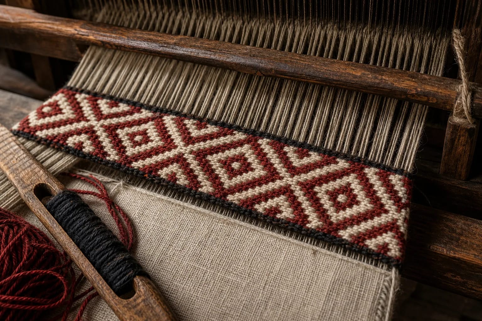 Diamond and small eye-like motifs woven into a Lithuanian sash.