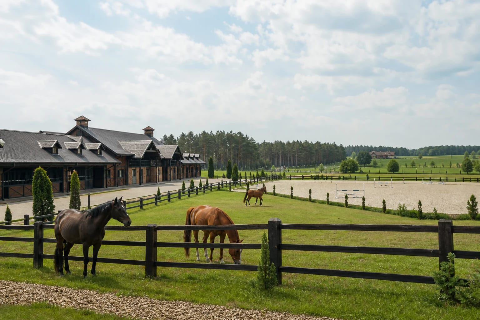 Royal Horse Resort stable, riding arena and horses in fenced green paddocks