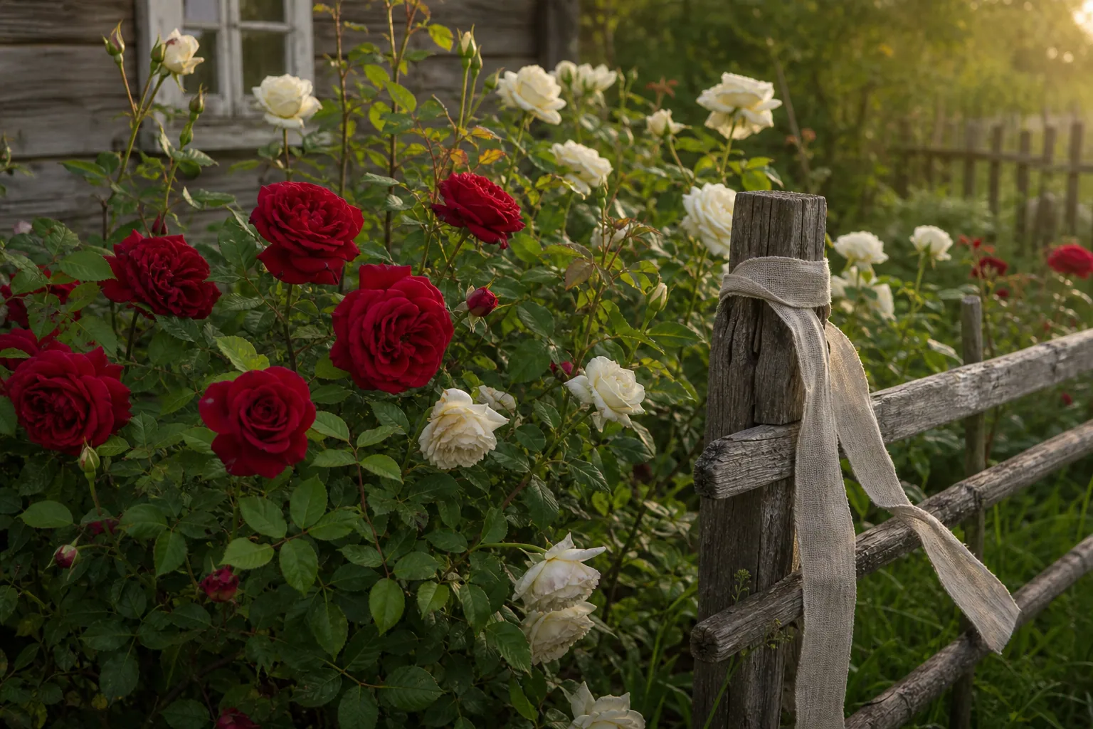Red and white roses in a Lithuanian village garden beside a wooden fence.