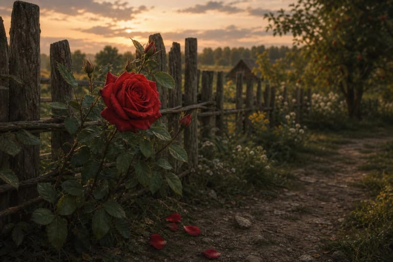 A red rose by a Lithuanian field road as a symbol of love and remembrance