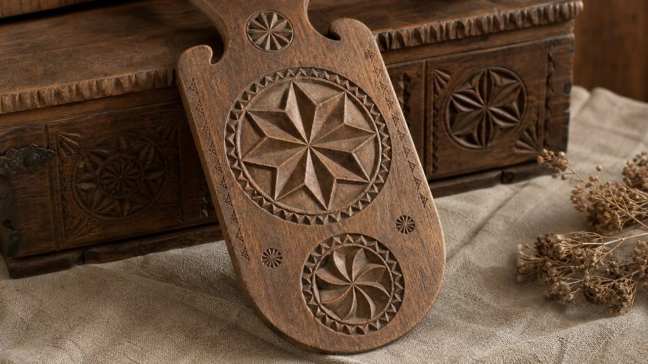 Rosette and segmented star in a Lithuanian woodcarving ornament