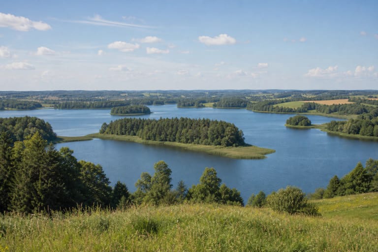 Rubikių ežero mėlynas vanduo, miškingos salos, vingiuotos pakrantės ir Aukštaitijos laukai vasaros panoramoje