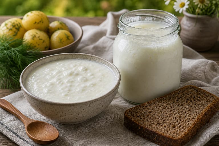 Густой ругпиенис в глиняной миске с варёным картофелем, ржаным хлебом и льняной скатертью