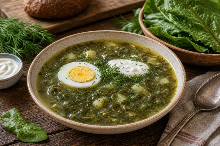Lithuanian sorrel soup with potatoes, boiled egg, sour cream, and fresh herbs