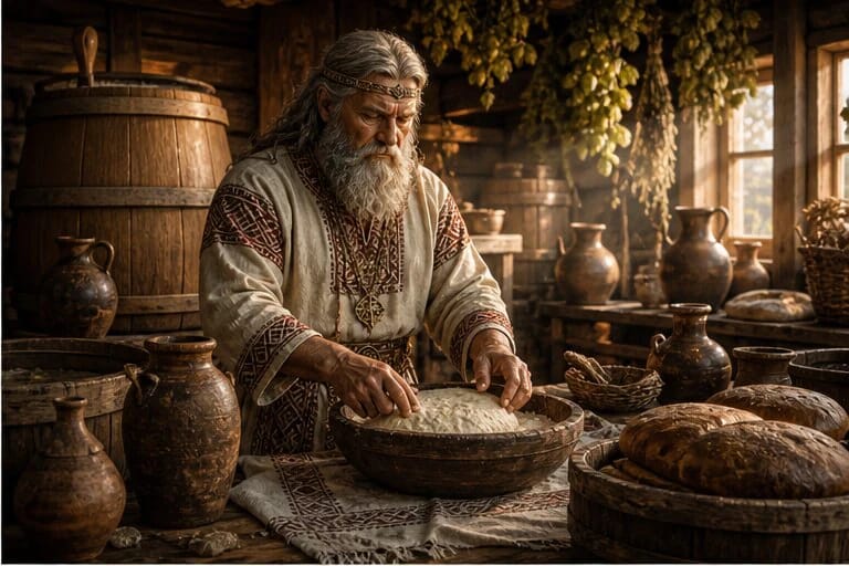 Rūgutis or Raugų Žemėpatis beside leaven, bread, and vessels of beer