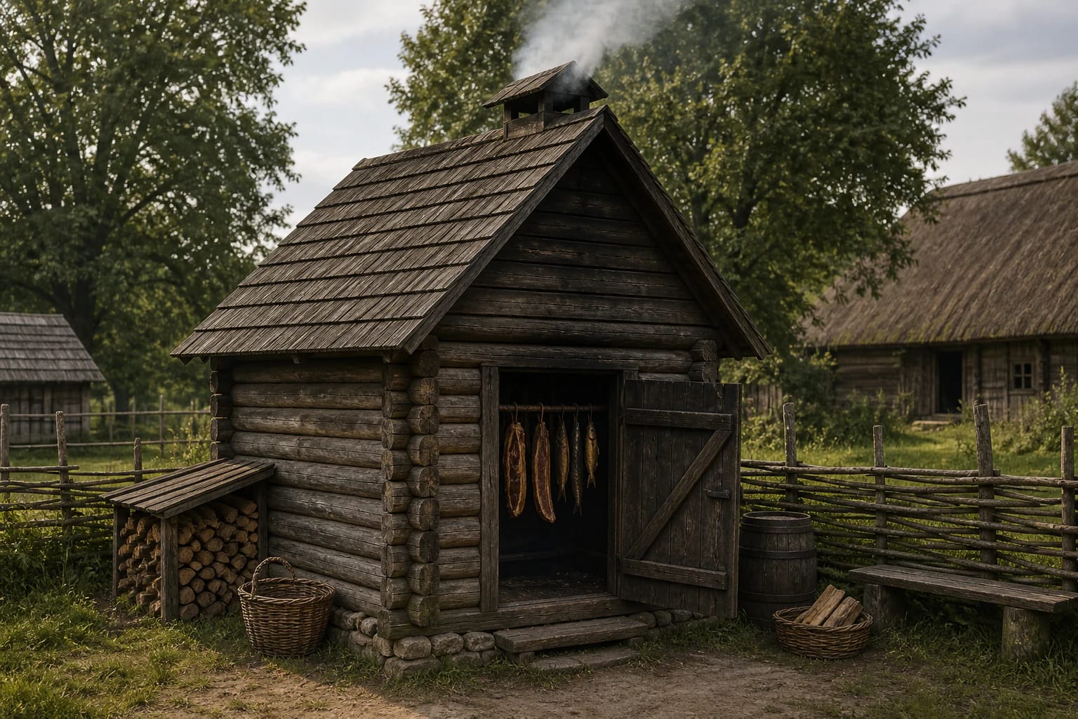 Traditional wooden rūkykla smokehouse with a smoke opening, hanging meat, a low hearth, and a farmstead yard