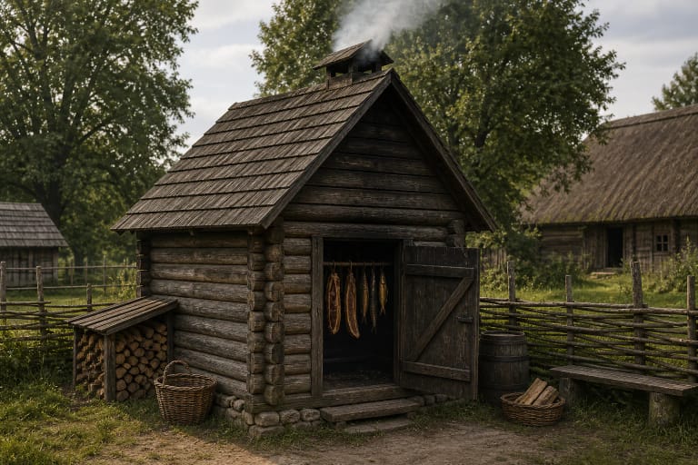 Traditional wooden rūkykla smokehouse with a smoke opening, hanging meat, a low hearth, and a farmstead yard