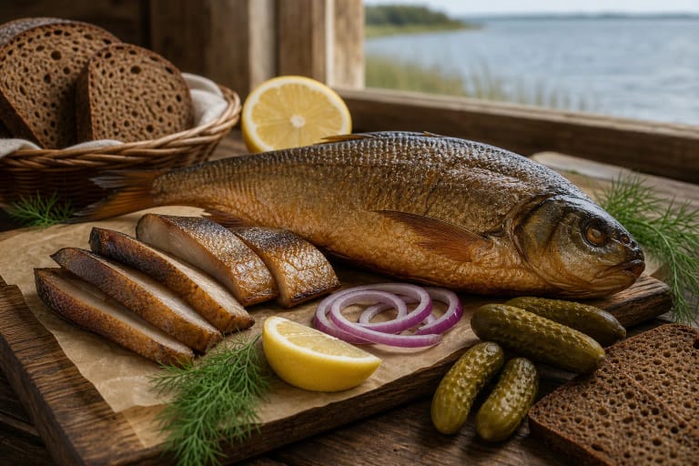 Smoked fish on a wooden board with rye bread, onions, lemon, and dill in a Lithuanian lagoon style