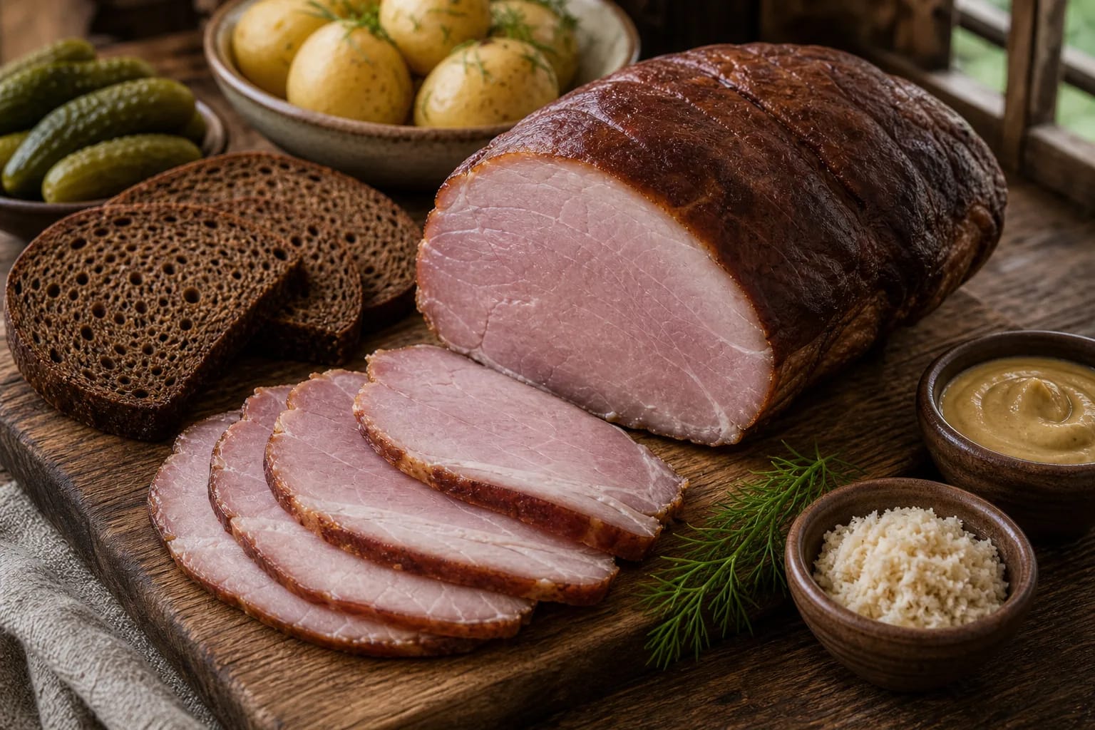 Sliced Lithuanian smoked ham on a wooden board with horseradish, mustard, rye bread, and pickles